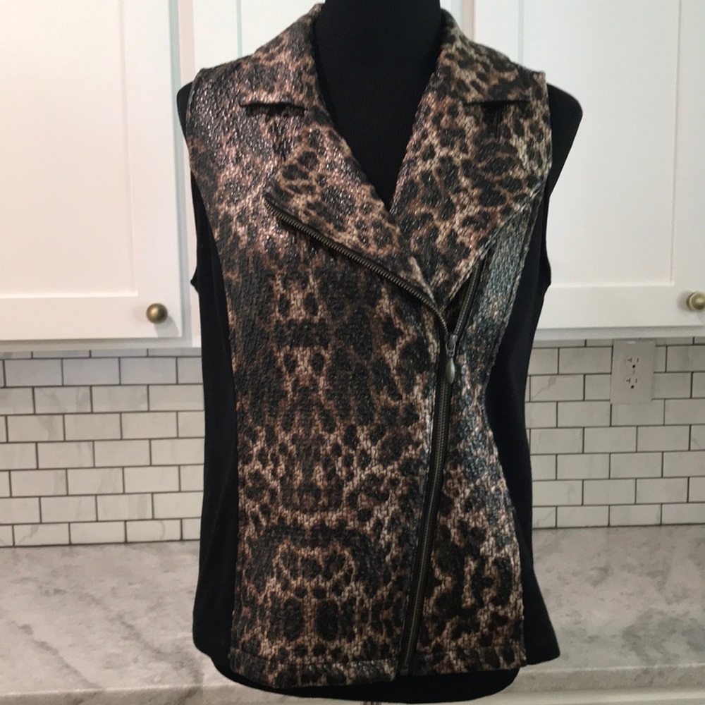 Chicos Vest Womens 0 Black Brown Snakeskin Faux Leather Bohemian Resortwear
